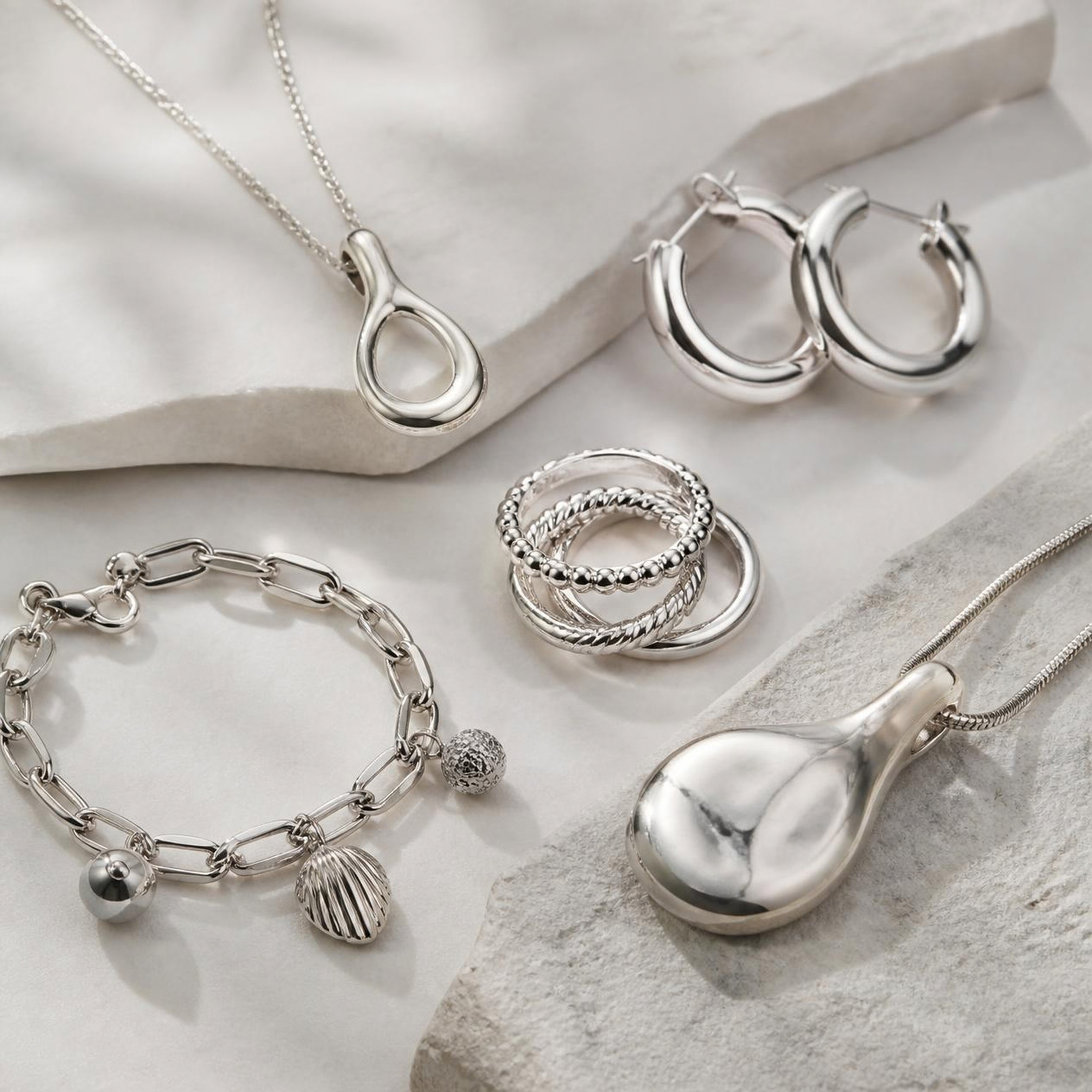 Beautiful shiny silver jewellery collection
